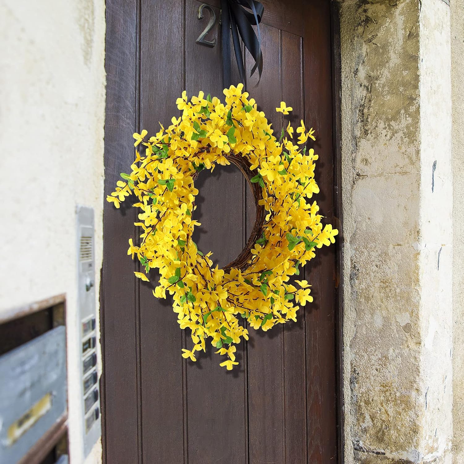 WILLBOND Yellow Forsythia Wreath 18 Inch Handcrafted Farmhouse Decor
