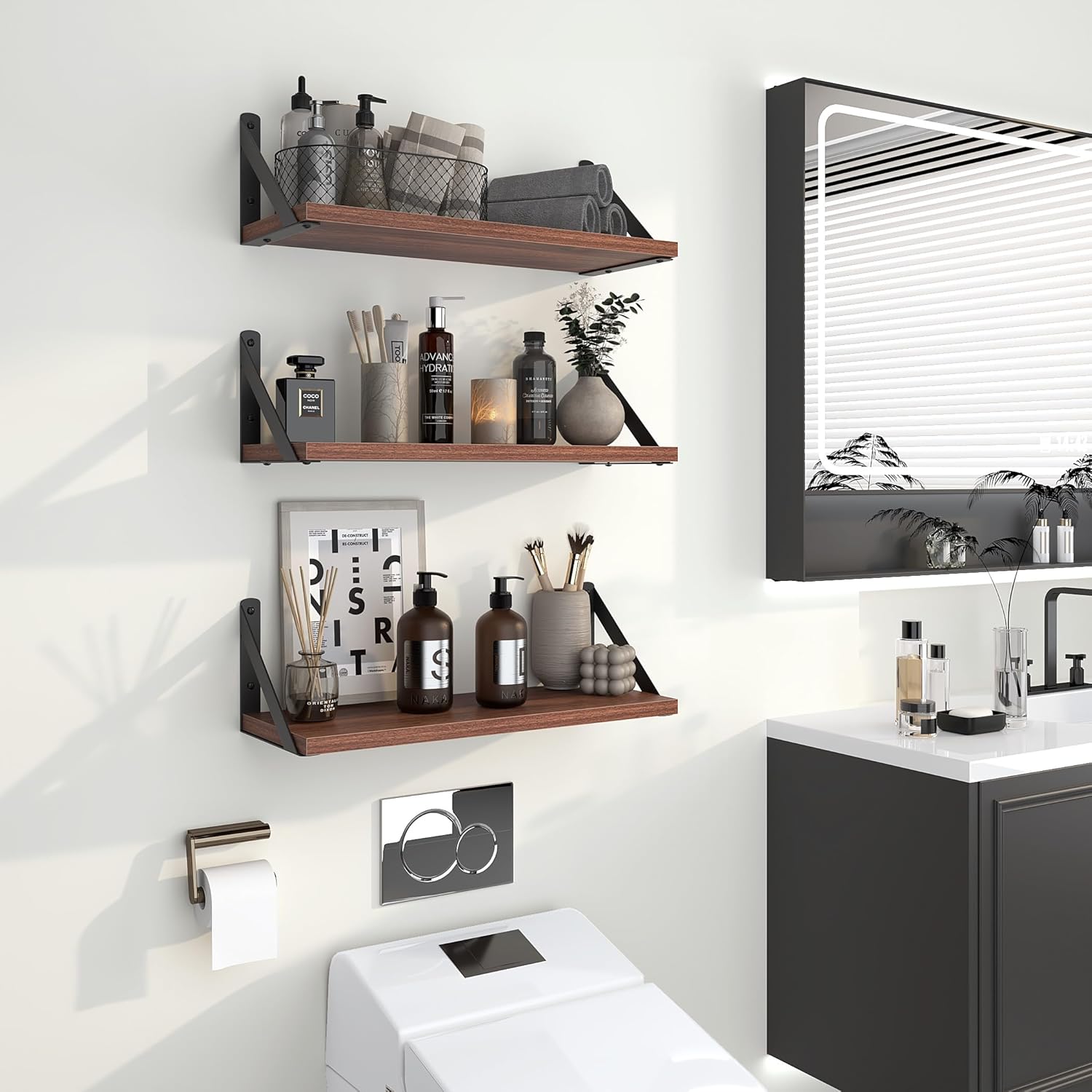 Heimlove Floating Shelves Set of 3 16 Inch Walnut Wood Wall Shelves