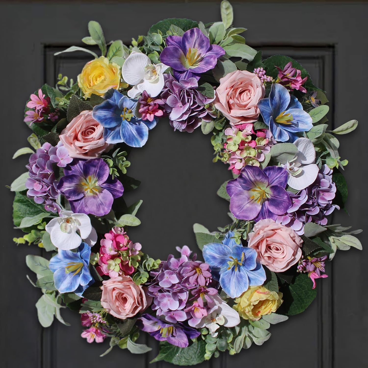 24 Inch Spring Summer Door Wreath with Purple Hydrangea and Pink Roses