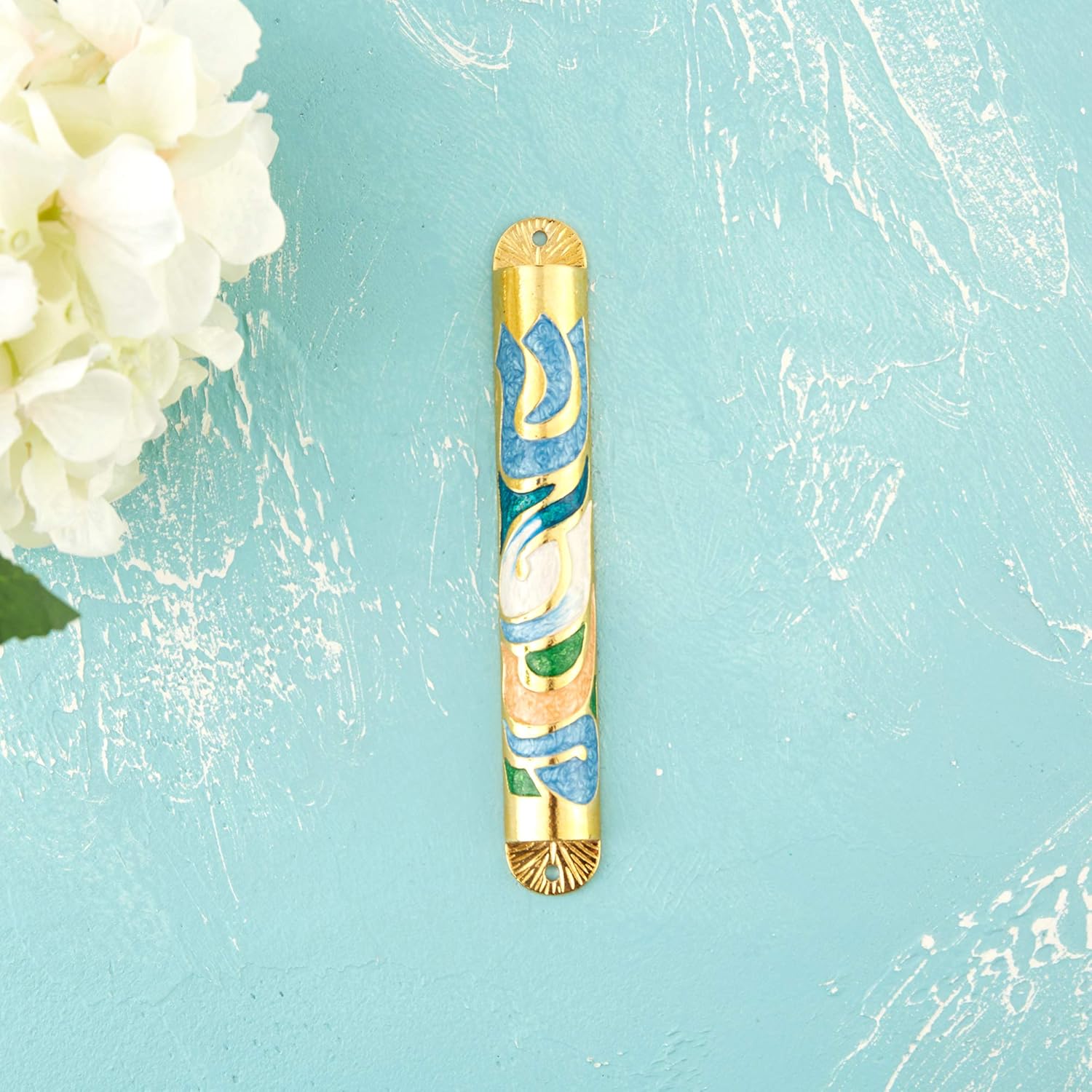 Matashi Gold Hand Painted Enamel Mezuzah 6 Inch Decor