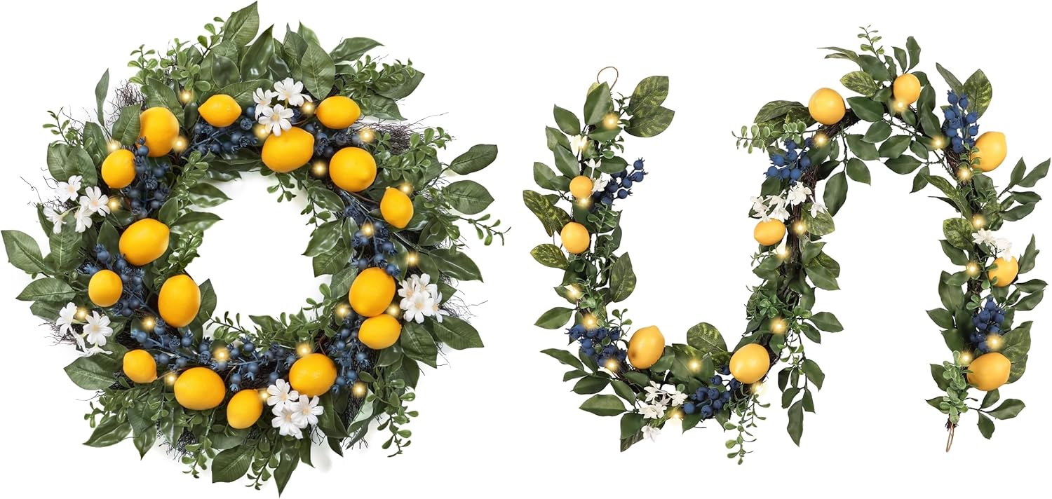 Valery Madelyn 24 Inch Spring Lemon Wreath and 6ft Garland Bundle