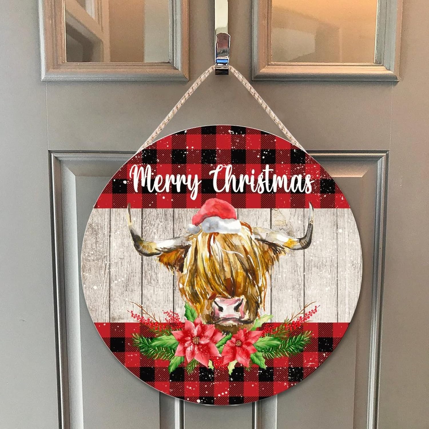 Farmhouse Door Hanger Red Buffalo Plaid Wood Sign 10x10in