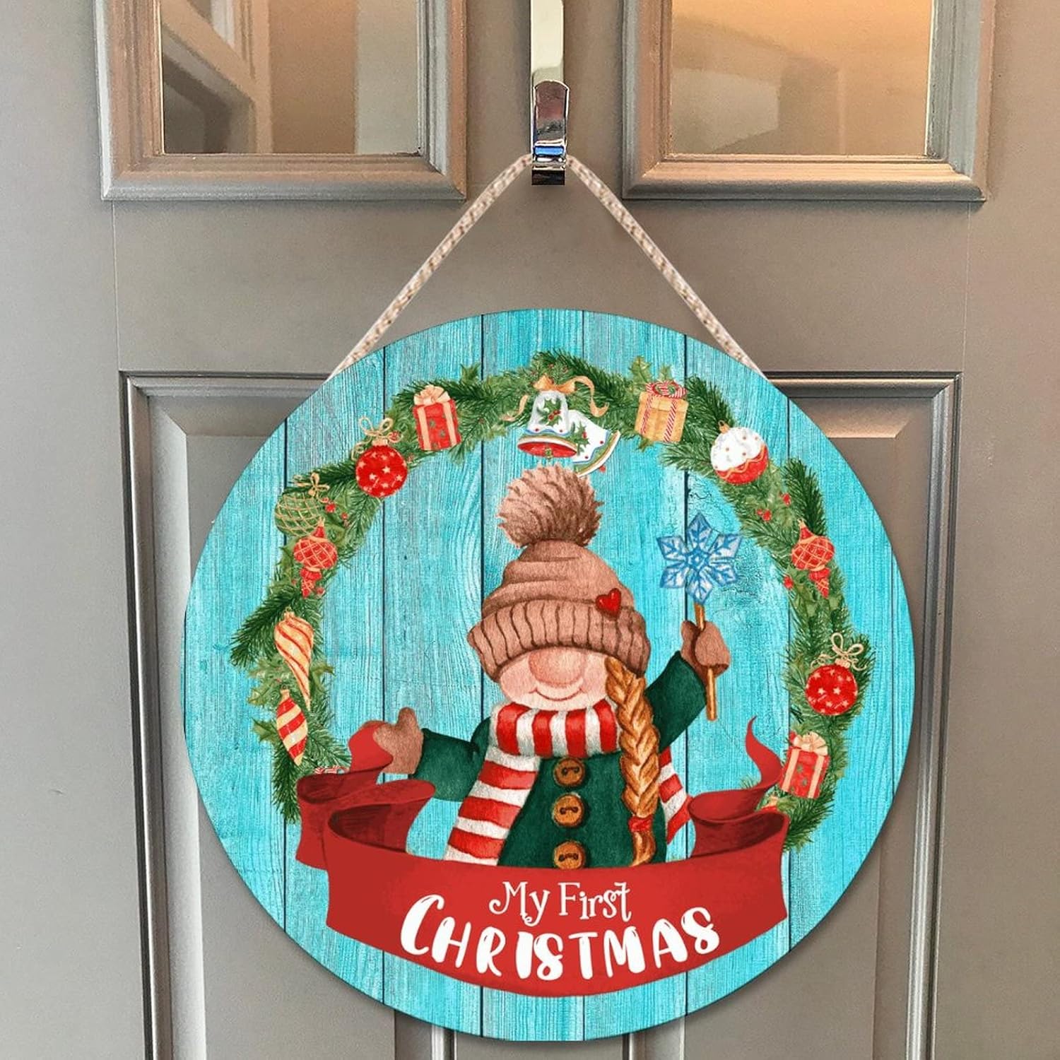 Farmhouse Door Hanger Christmas Holly Wreath Gnome Wood Sign
