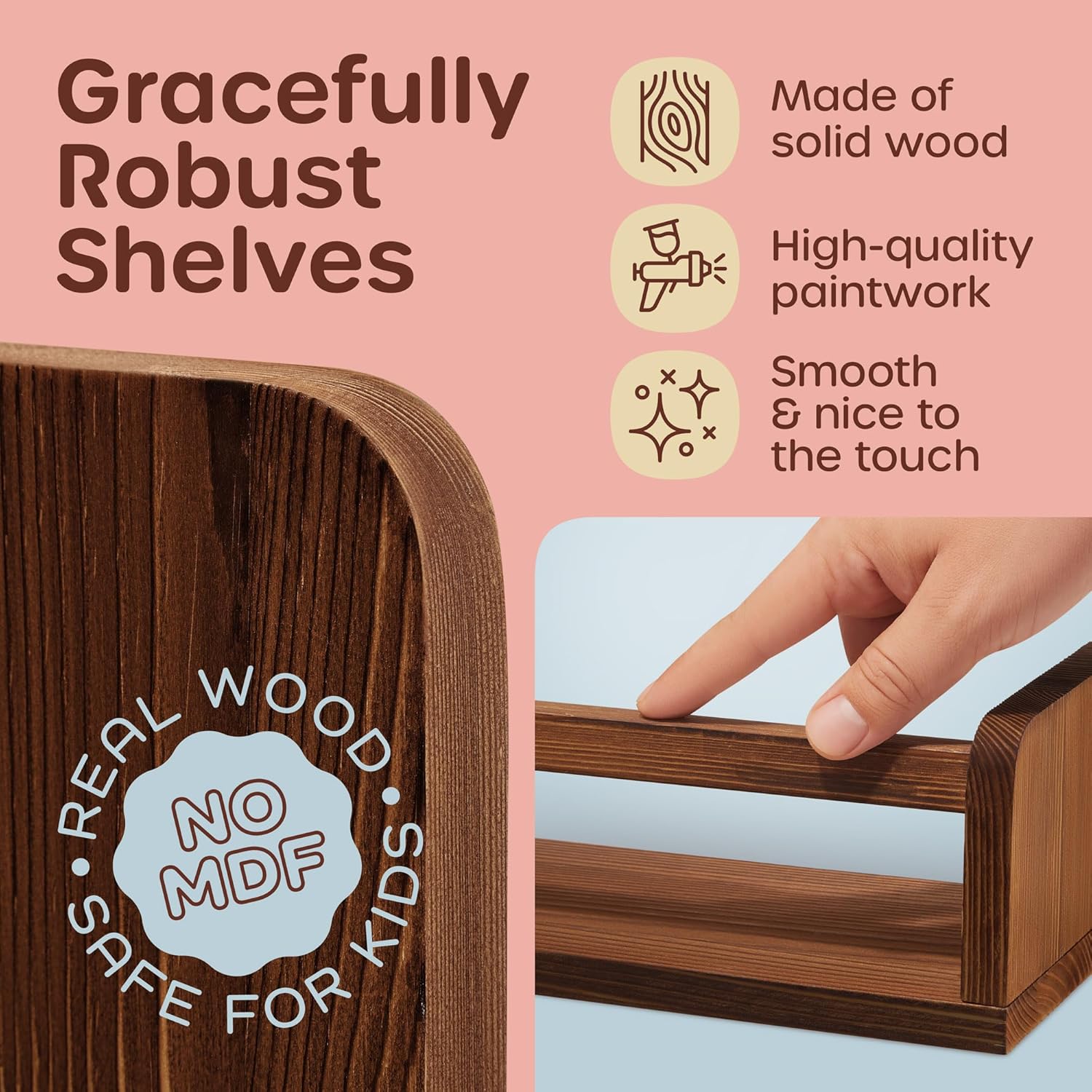 Wall-Mounted Nursery Bookshelves - 3 Long 2 Mini Shelves