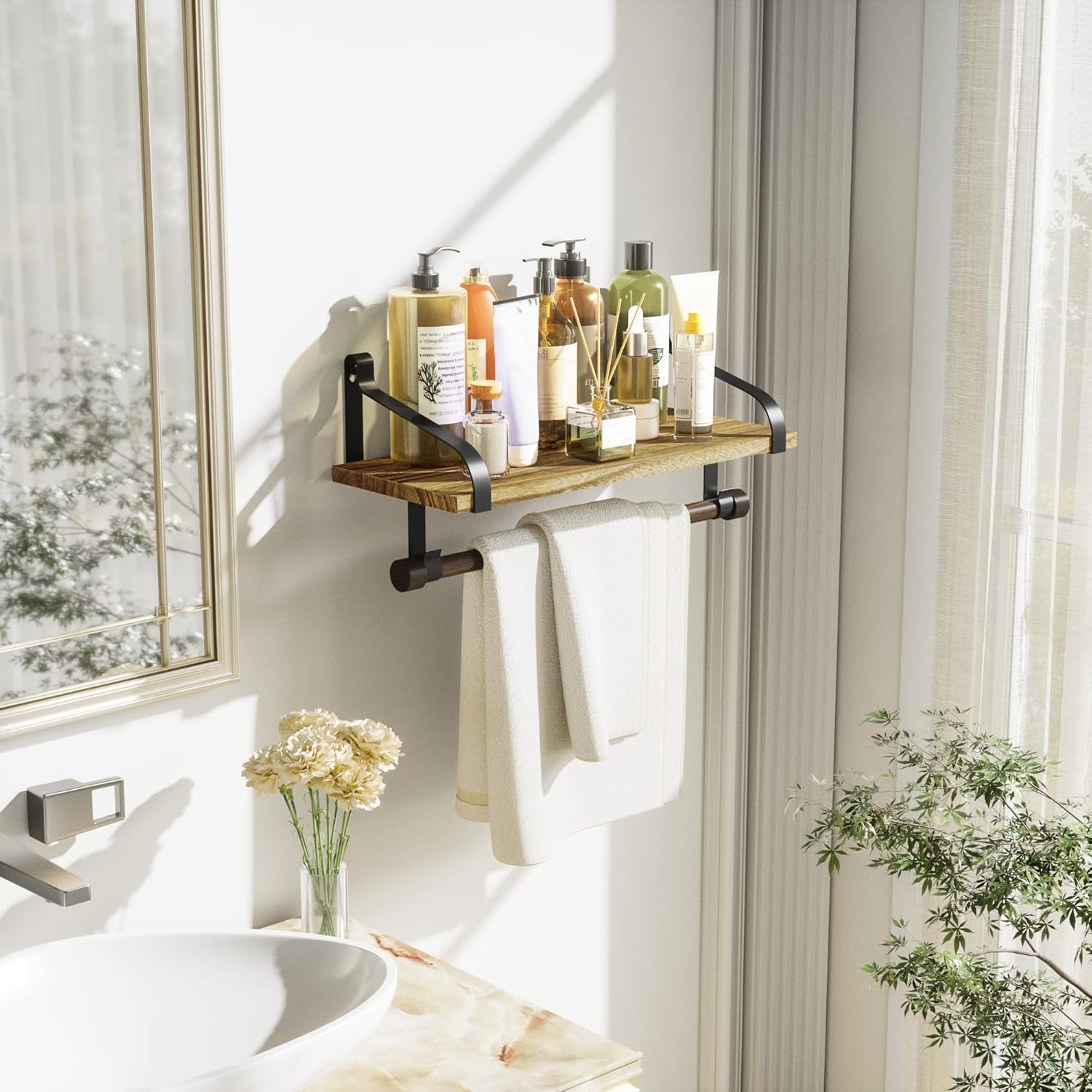 Love-KANKEI Floating Shelf with 8 Hooks and Towel Bar