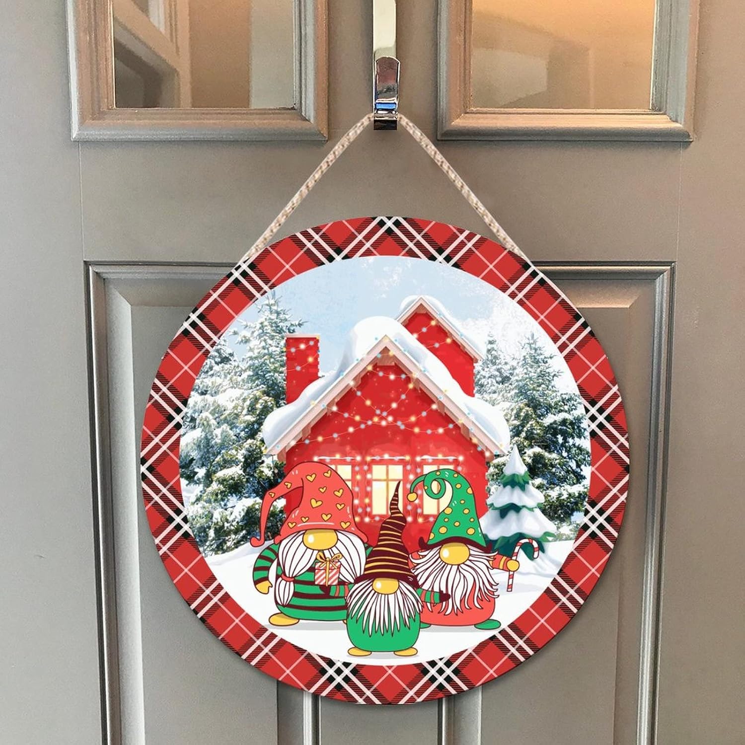 Farmhouse Door Hanger Red Plaid Winter Scene Cute Gnome Wood Sign