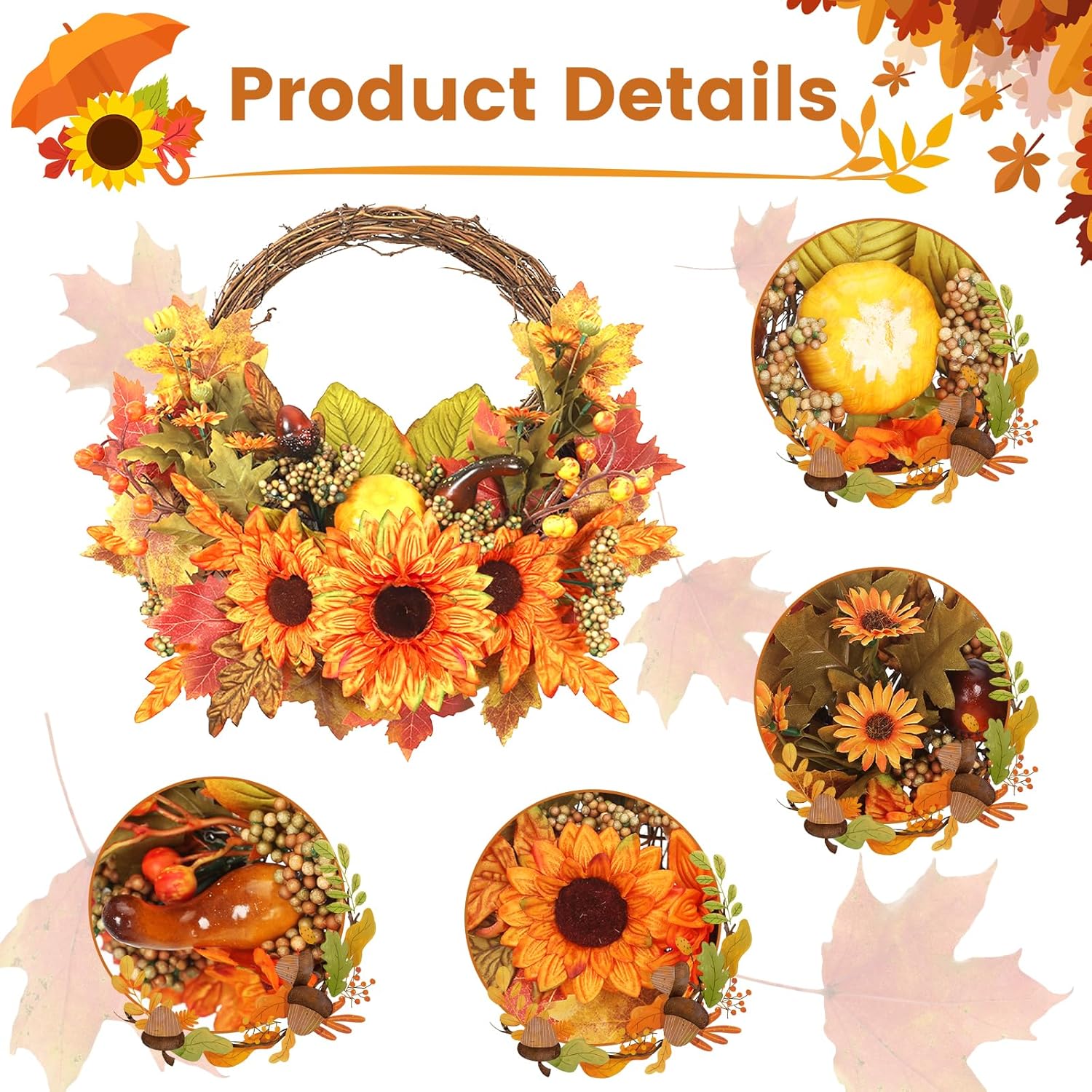 WENMAQIN 12 Inch Fall Wreath Front Door Decor