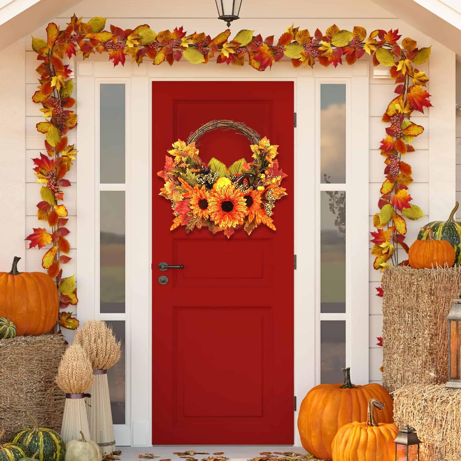 WENMAQIN 12 Inch Fall Wreath Front Door Decor