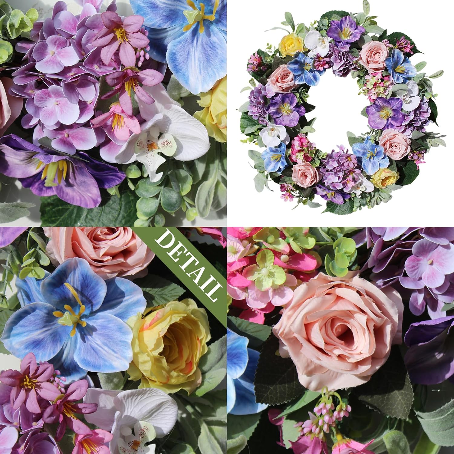 24 Inch Spring Summer Door Wreath with Purple Hydrangea and Pink Roses