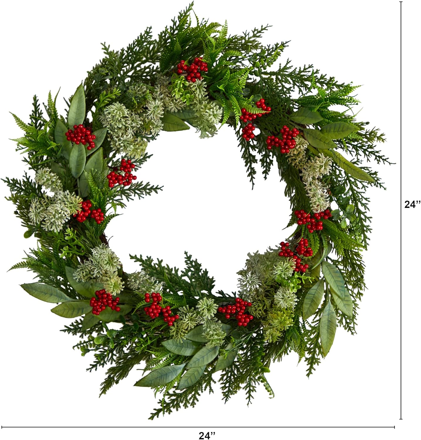Nearly Natural 24in Artificial Christmas Wreath with Cedar Eucalyptus and Berries