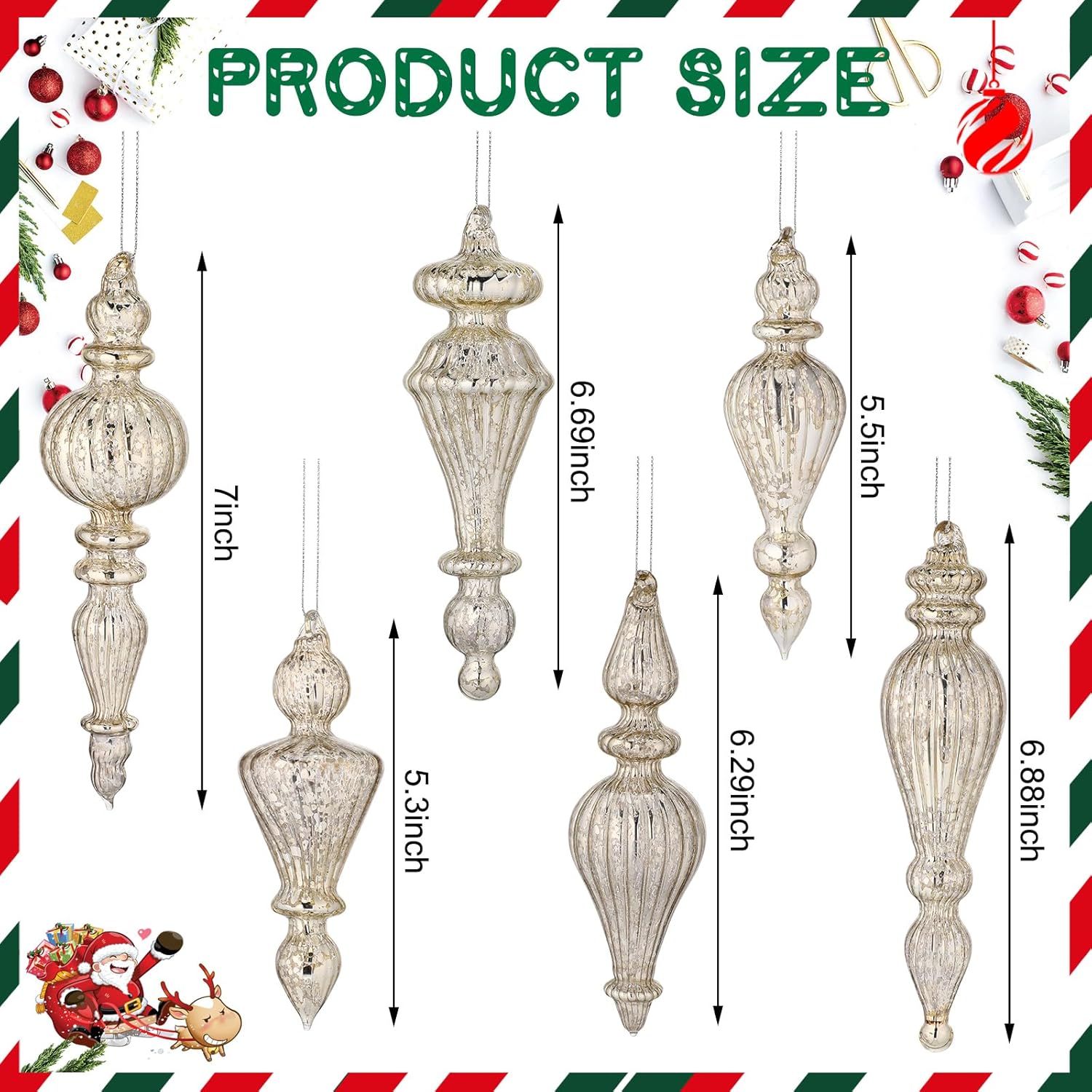 6 Pcs Silver Crystal Glass Christmas Finials Hanging Decorations