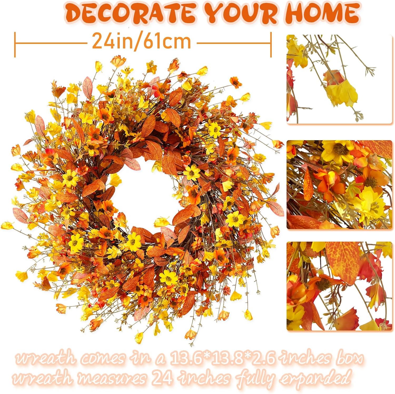 Fall Wreath for Front Door with LED Light Timer