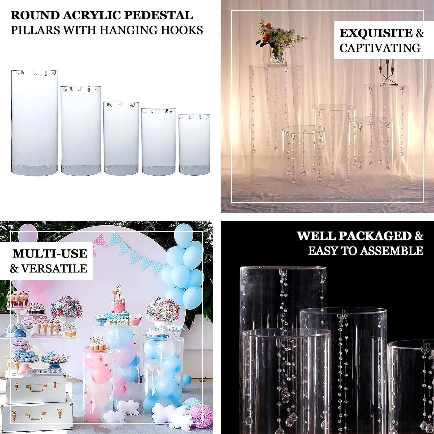 Clear Acrylic Cylinder Pedestal Display Stand Set of 5