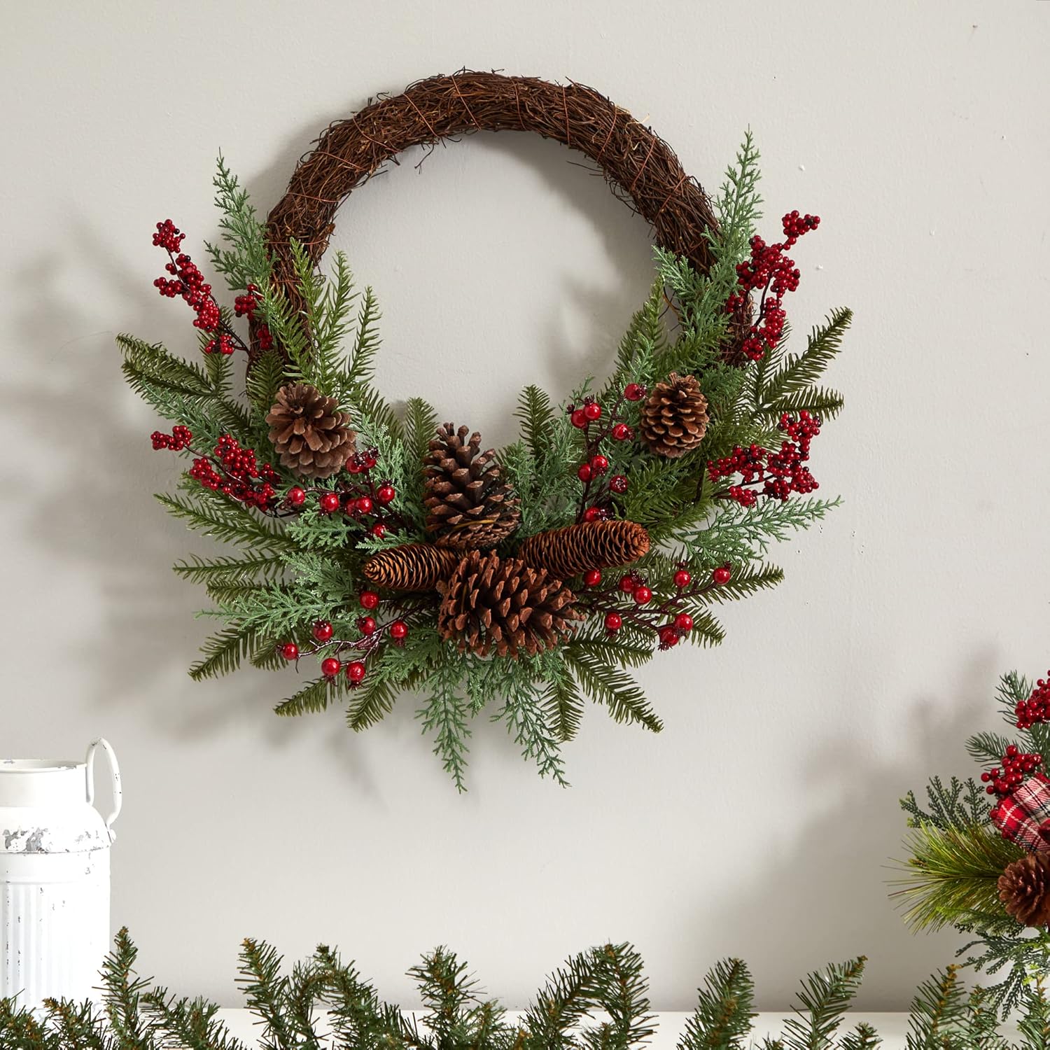 Nearly Natural 22in Mixed Cedar Berries Pine Cones Artificial Wreath