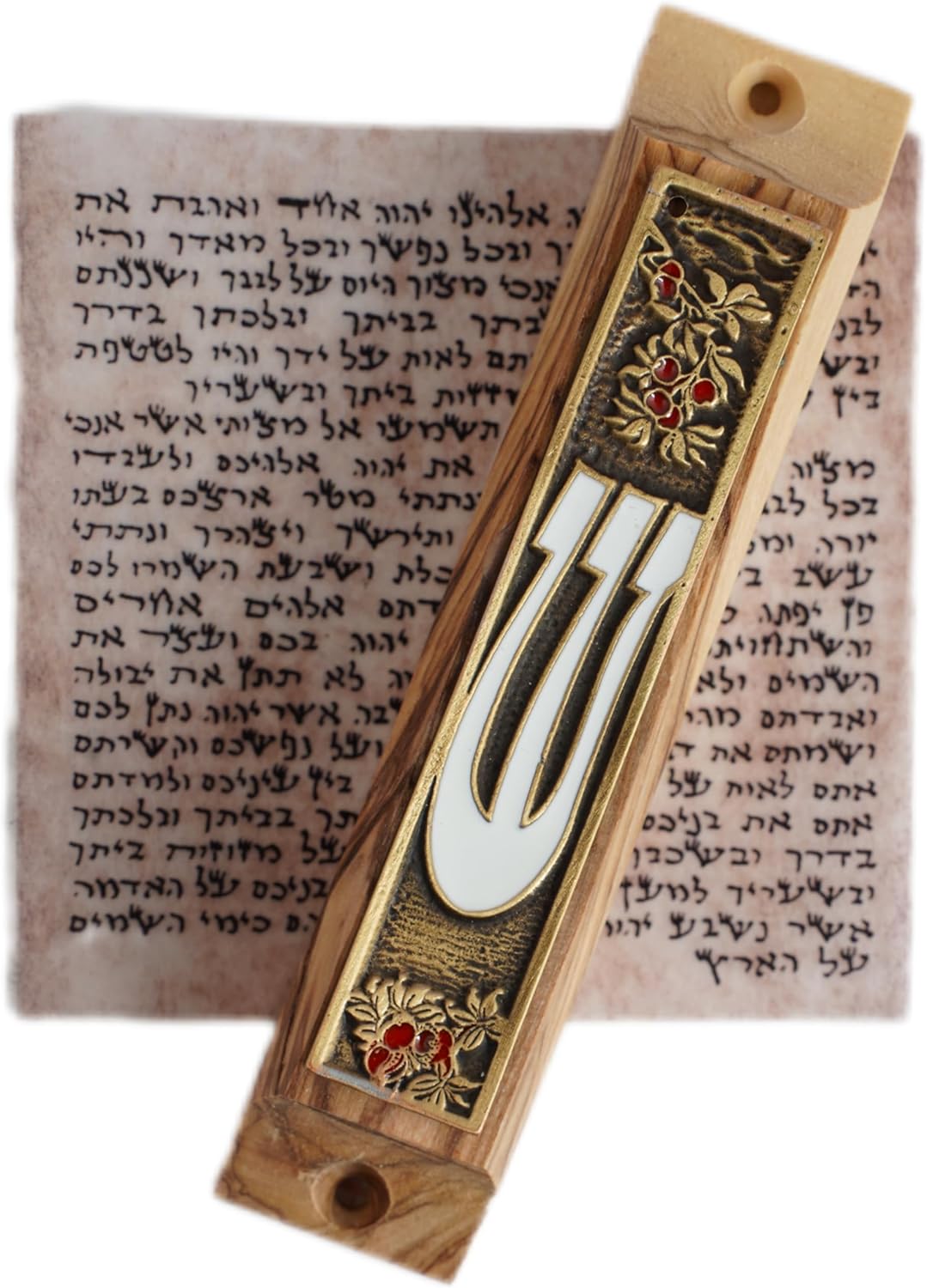 Traditional Handmade Olive Wood Mezuzah Case with Enamel Plate and Non-Kosher Scroll
