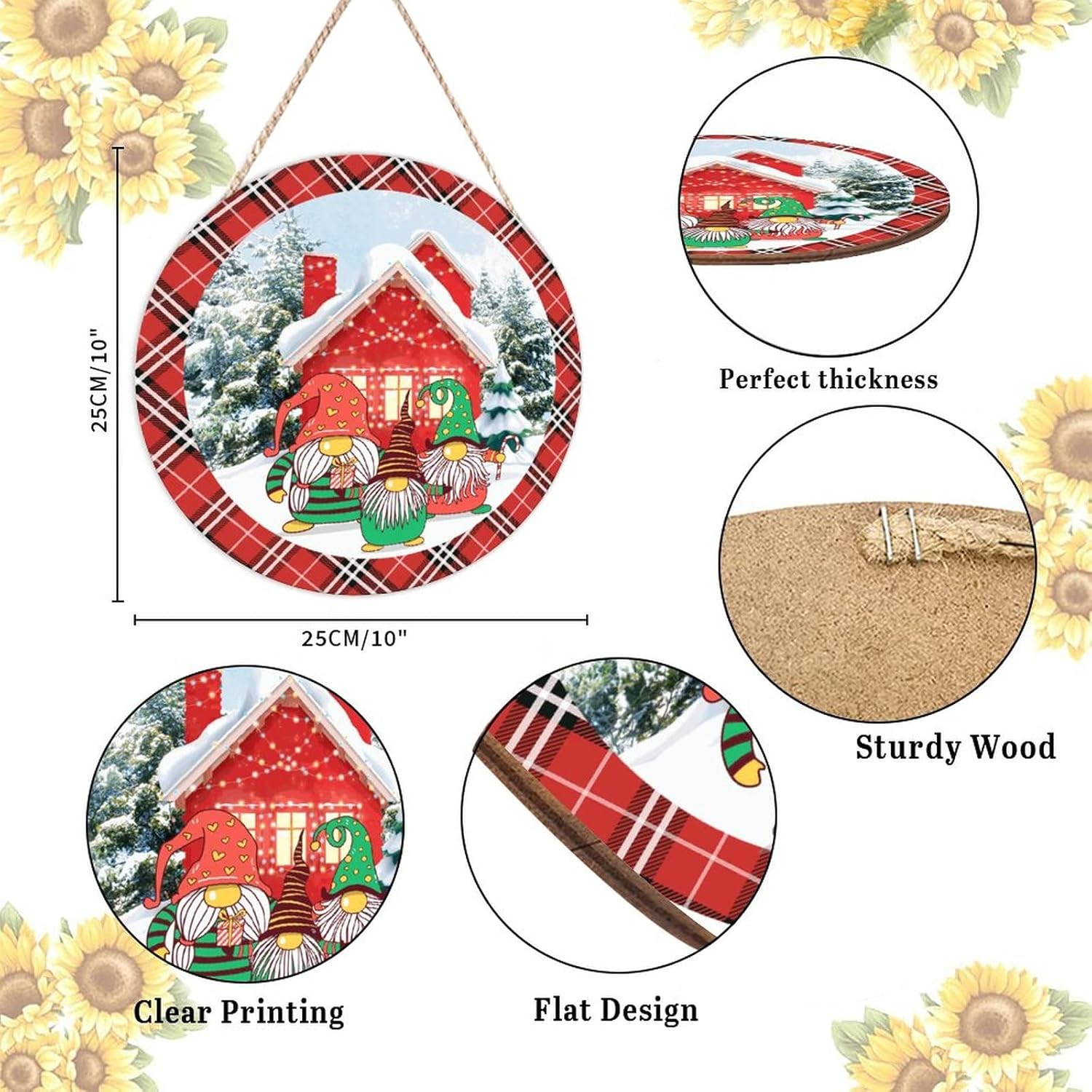 Farmhouse Door Hanger Red Plaid Winter Scene Cute Gnome Wood Sign