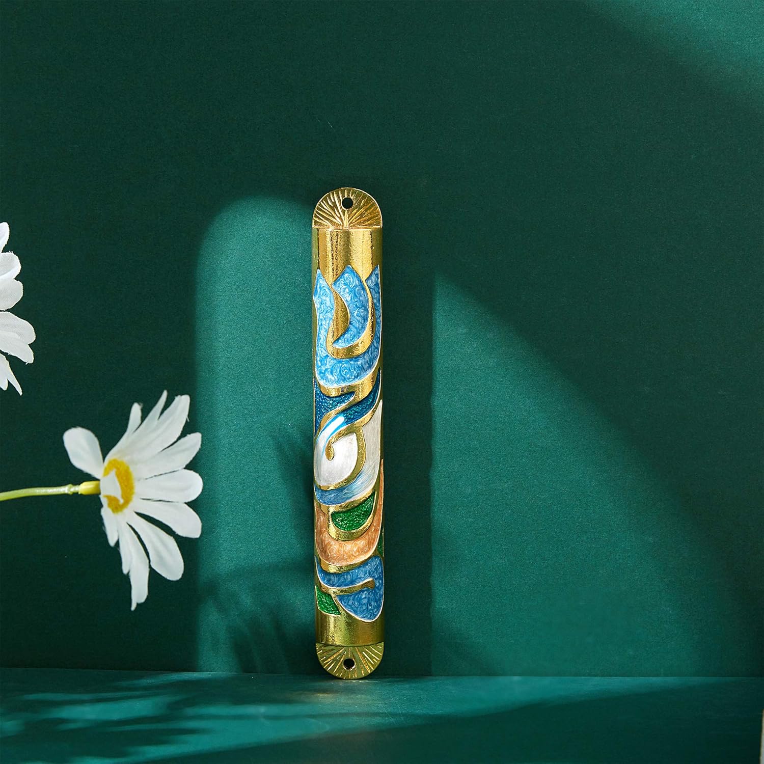 Matashi Gold Hand Painted Enamel Mezuzah 6 Inch Decor