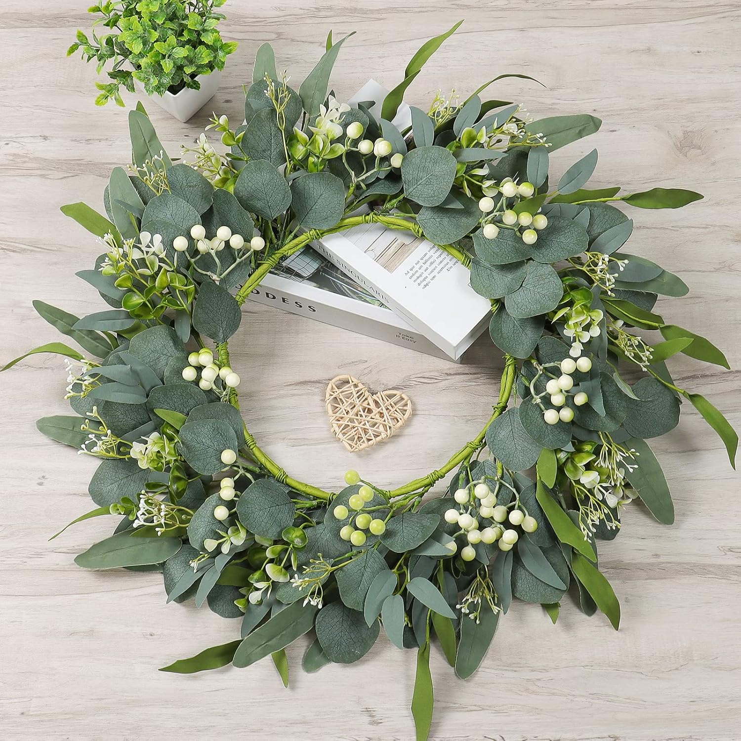 TOCHGREEN 22 In Artificial Eucalyptus Wreath with White Berries