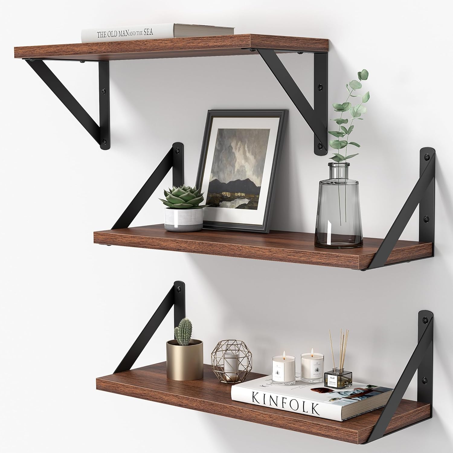 Heimlove Floating Shelves Set of 3 16 Inch Walnut Wood Wall Shelves