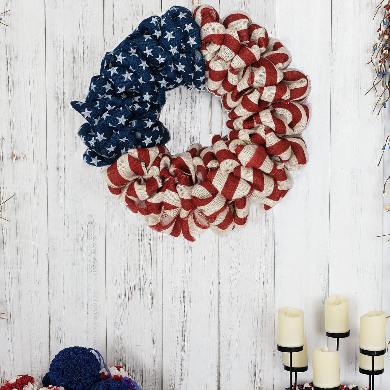 20 Inch Patriotic Burlap Wreath with Stars and Stripes