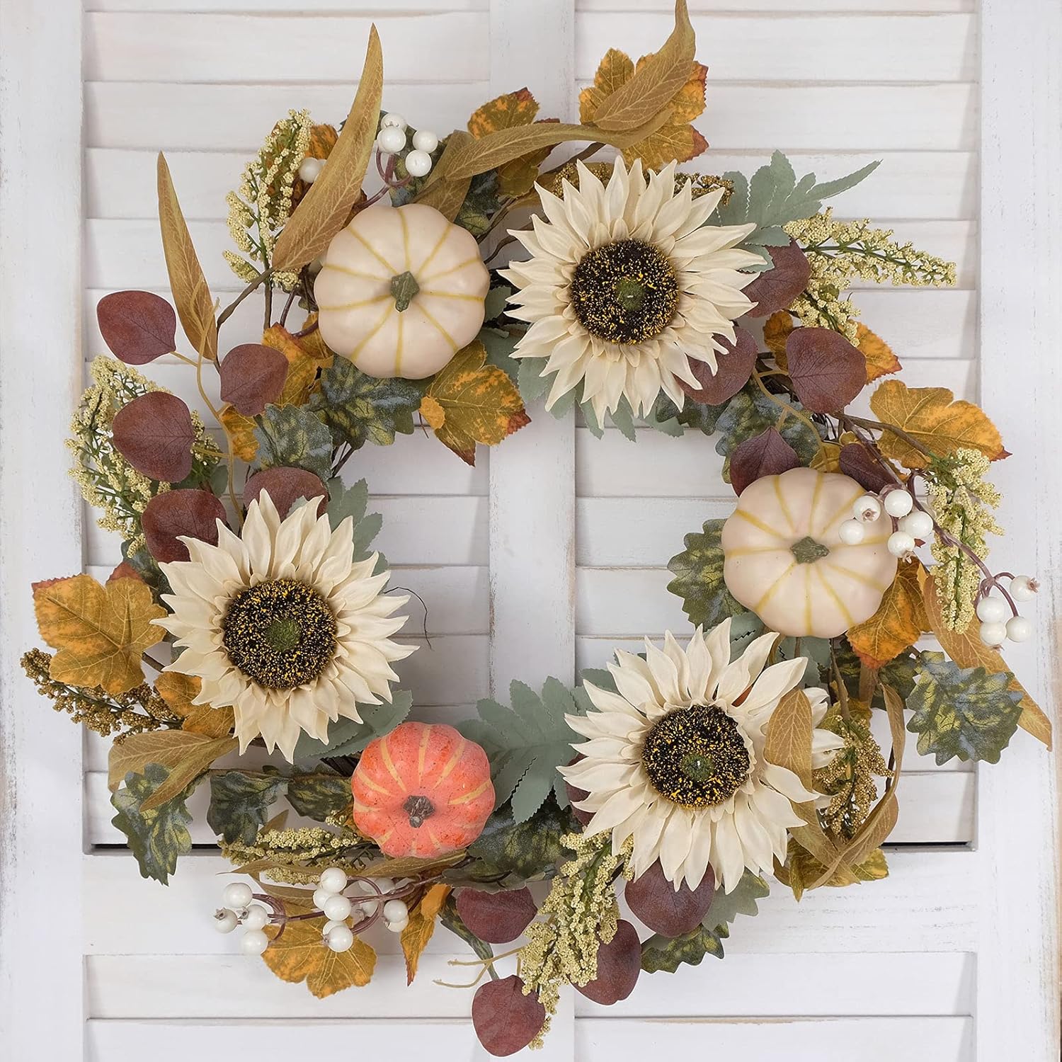 Idyllic 20 Inch White Sunflower Pumpkin Fall Wreath