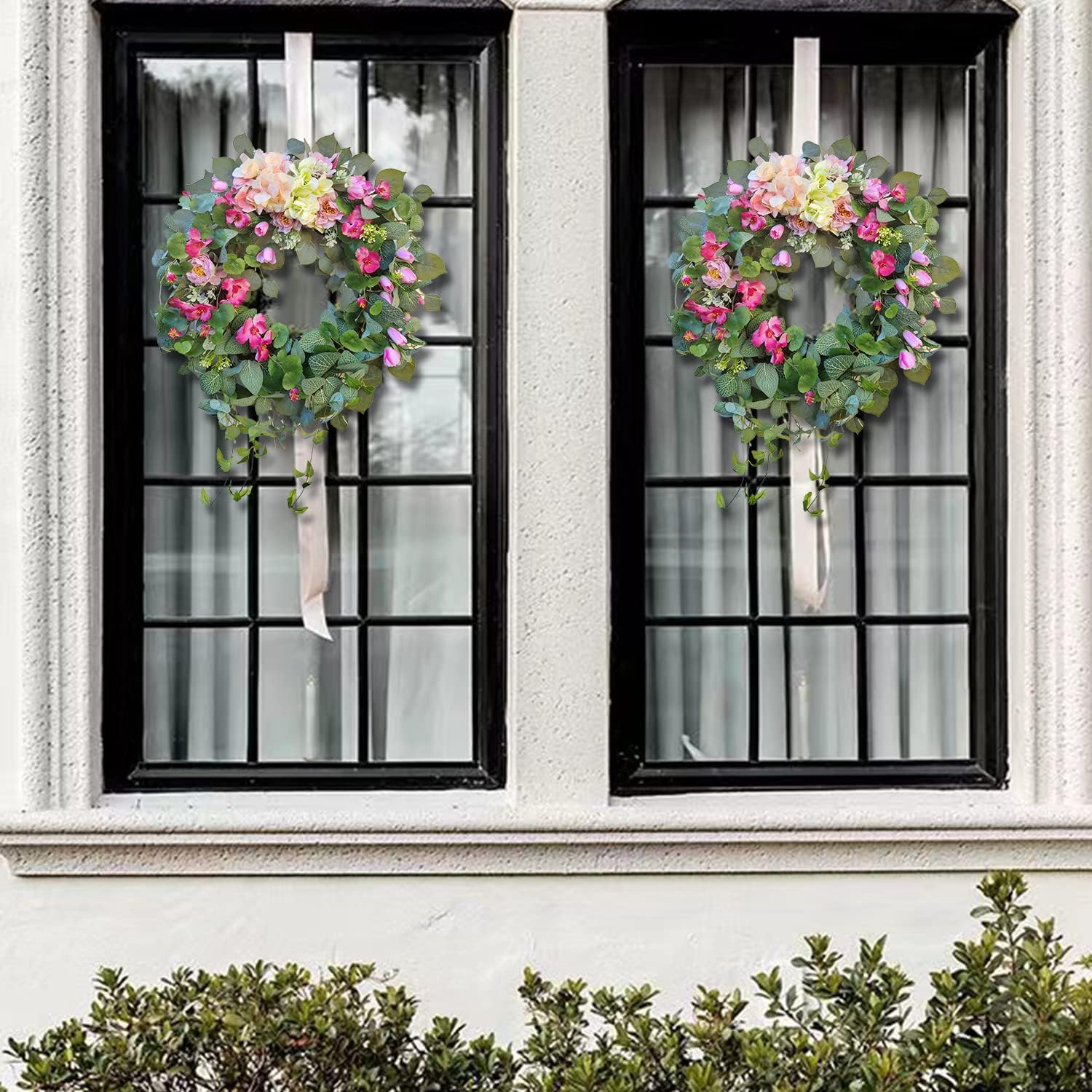 24 Inch Spring Wreath with Pink Tulips and Purple Hydrangeas
