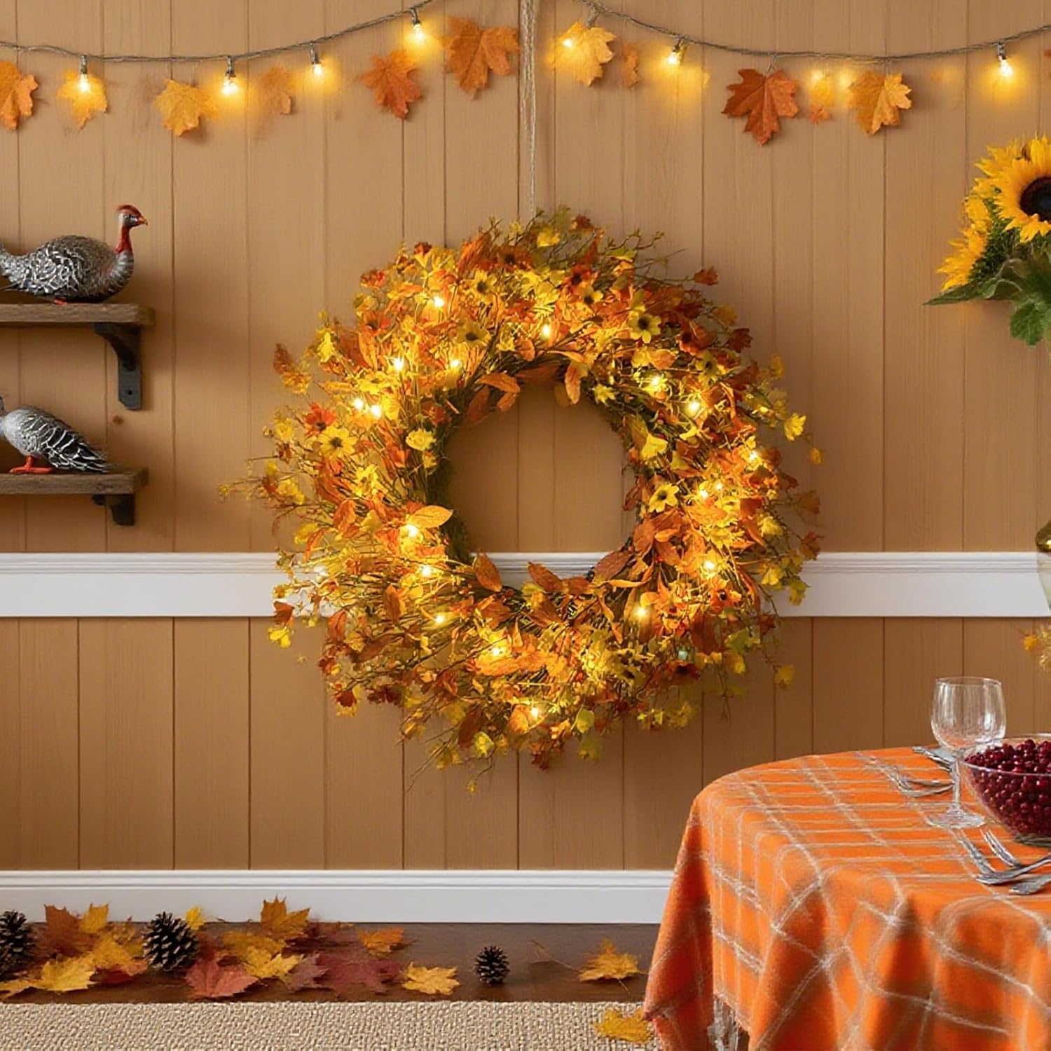 Fall Wreath for Front Door with LED Light Timer