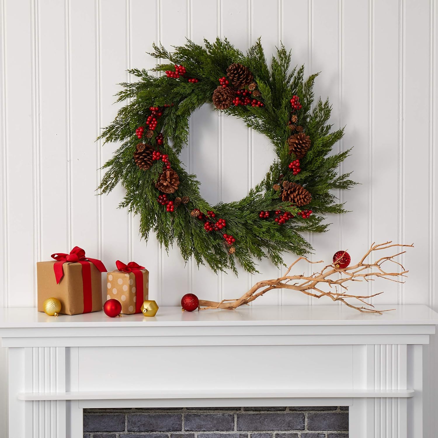 Nearly Natural 32in Cypress Berries Pine Cones Artificial Wreath