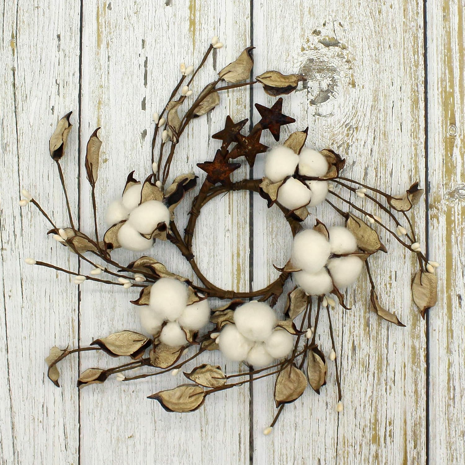 Rustic Pod Wreath with Autumn Leaves and Barn Stars 9 Inch