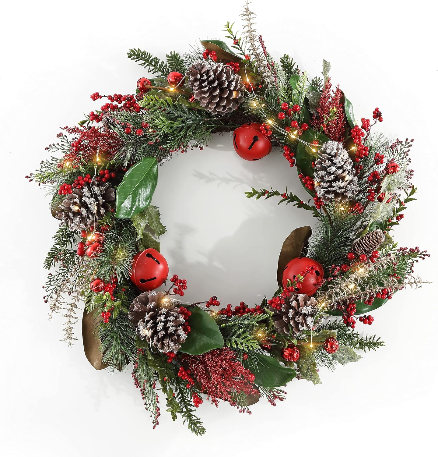 SAFAVIEH 30 Inch Myrtle Wreath with Red Bells and LED Lights
