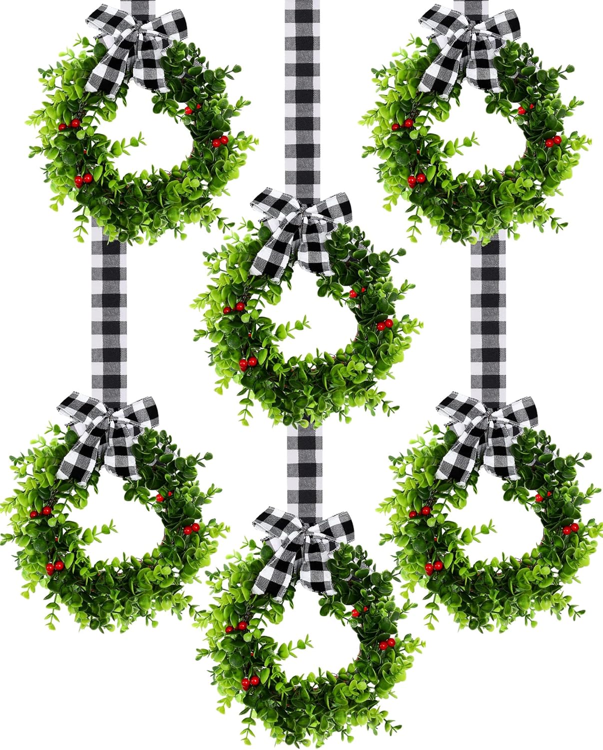6 Pcs Christmas Kitchen Cabinet Wreaths with Plaid Ribbon