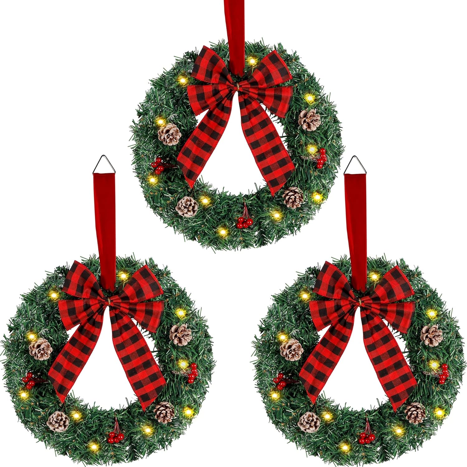 ATDAWN 3 Pack Mini Christmas Wreath with Light
