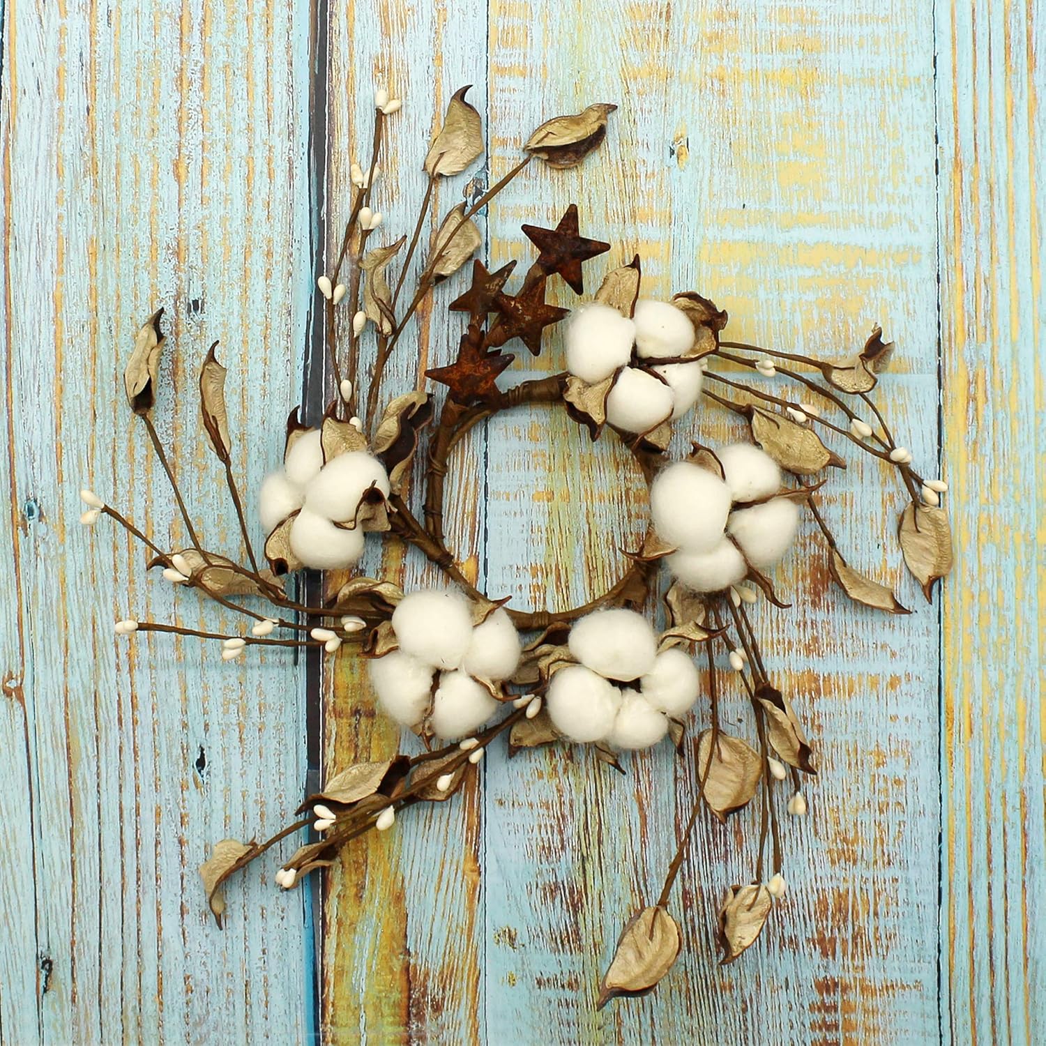 Rustic Pod Wreath with Autumn Leaves and Barn Stars 9 Inch