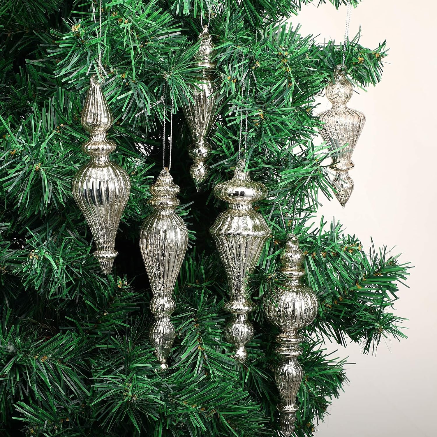 6 Pcs Silver Crystal Glass Christmas Finials Hanging Decorations