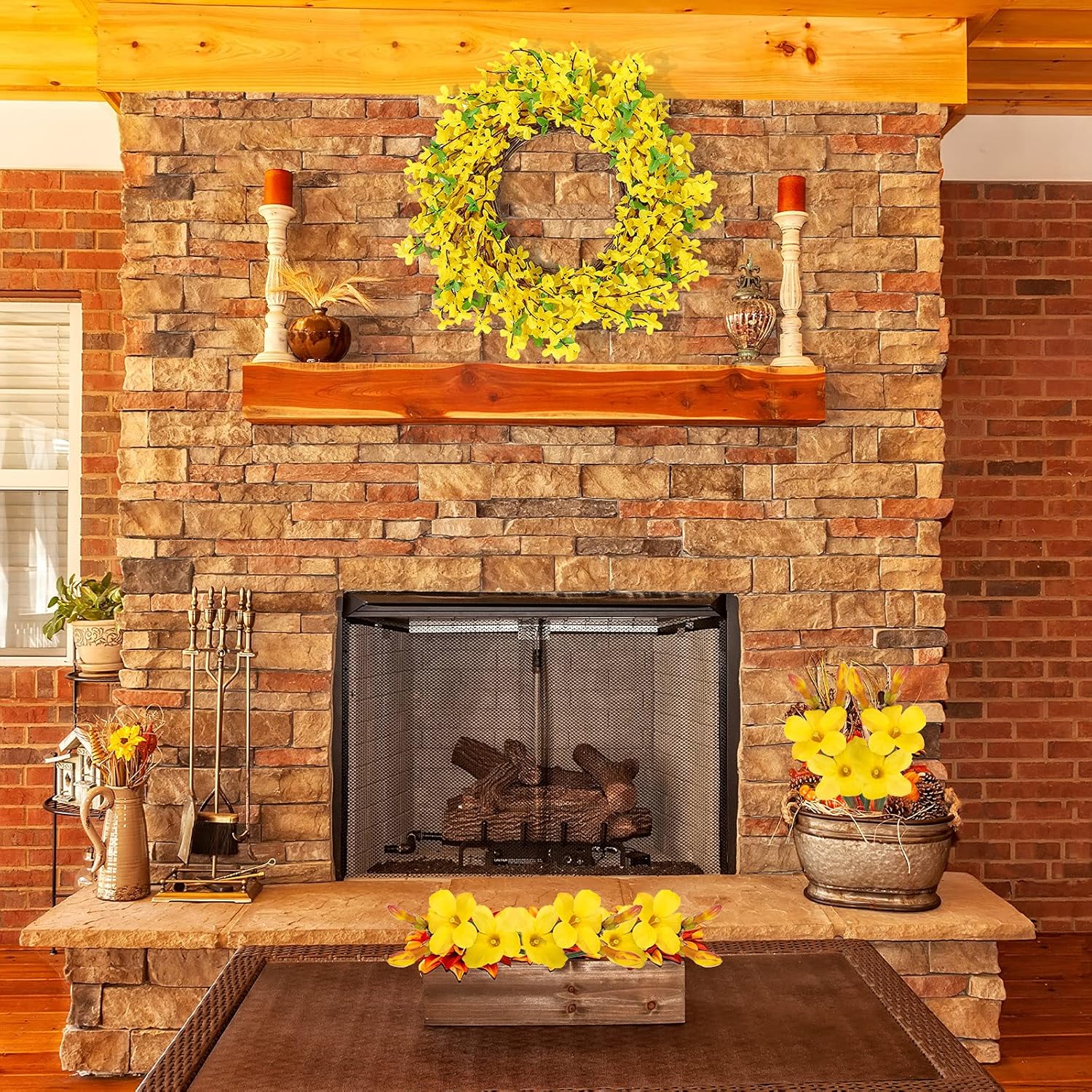 WILLBOND Yellow Forsythia Wreath 18 Inch Handcrafted Farmhouse Decor