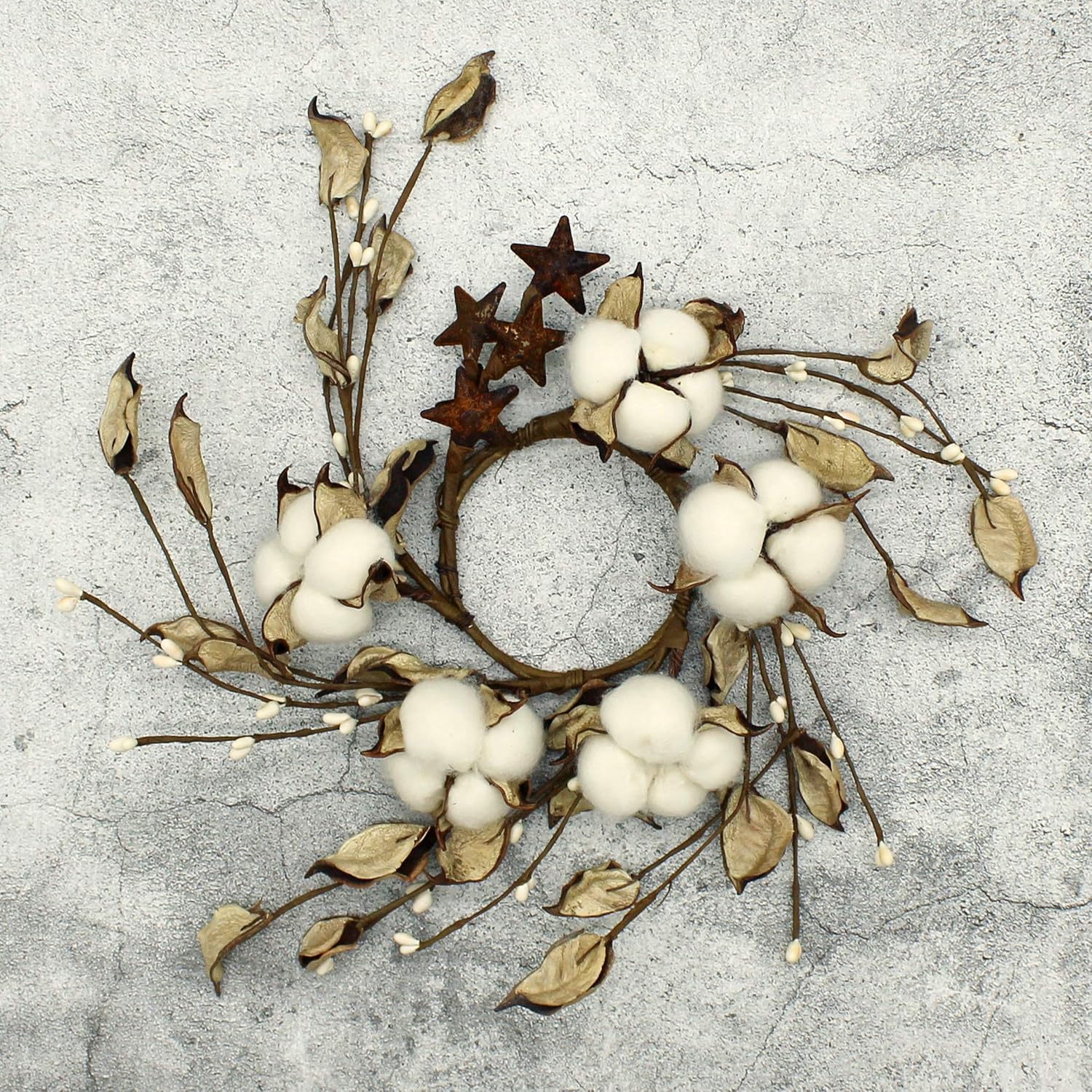Rustic Pod Wreath with Autumn Leaves and Barn Stars 9 Inch