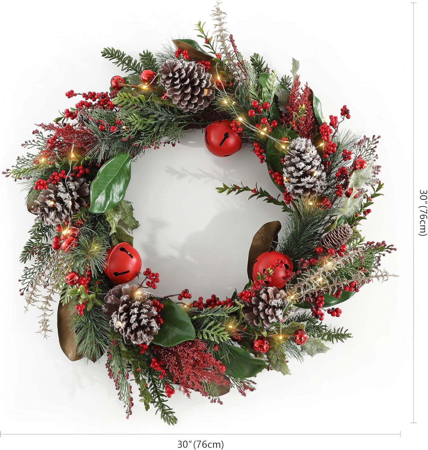 SAFAVIEH 30 Inch Myrtle Wreath with Red Bells and LED Lights