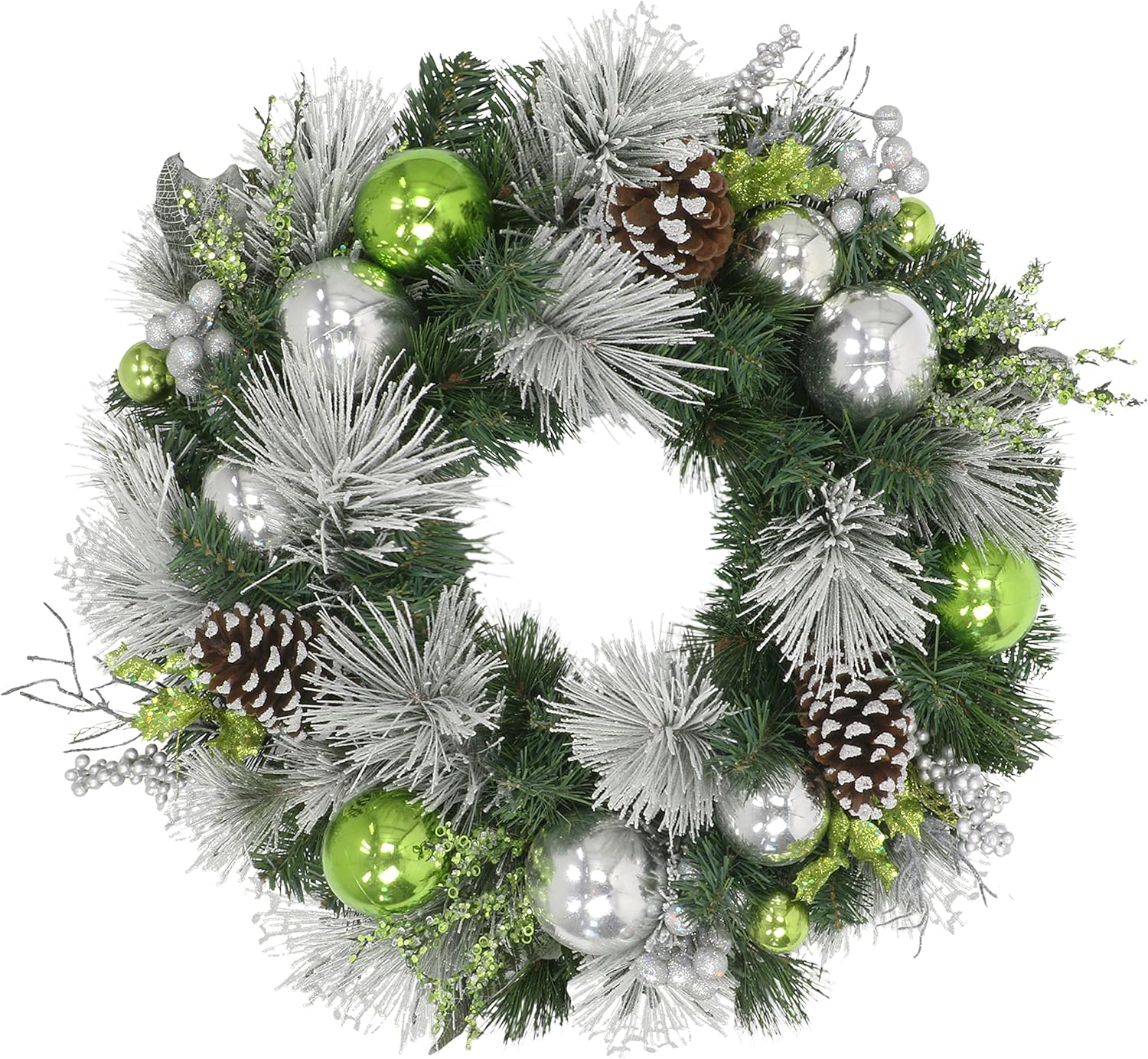 24 Inch Artificial Christmas Wreath with Green and Silver Decor