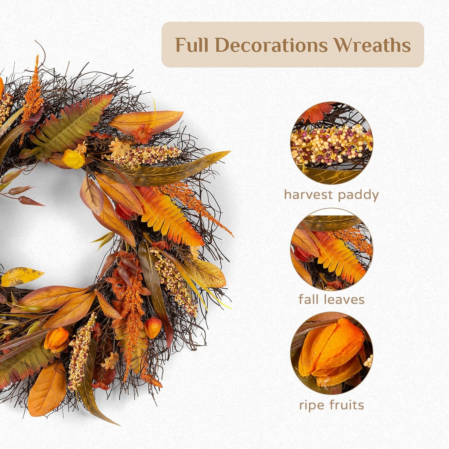 Walasis 24 Inch Fall Wreath for Front Door