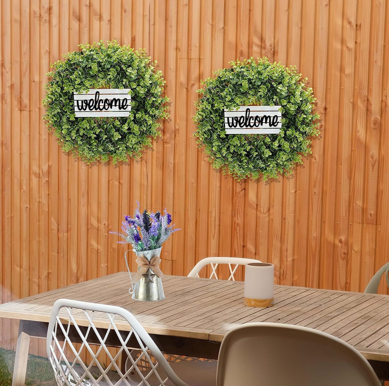 Artificial Boxwood Wreath with Welcome Sign and Hanger