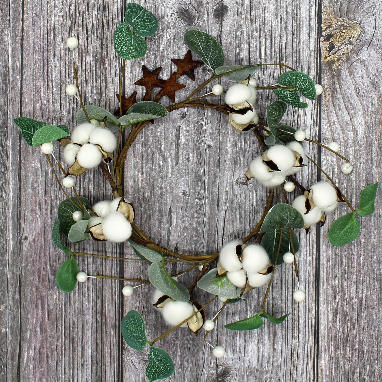 Rustic Pod Wreath with Barn Stars 14 Inch