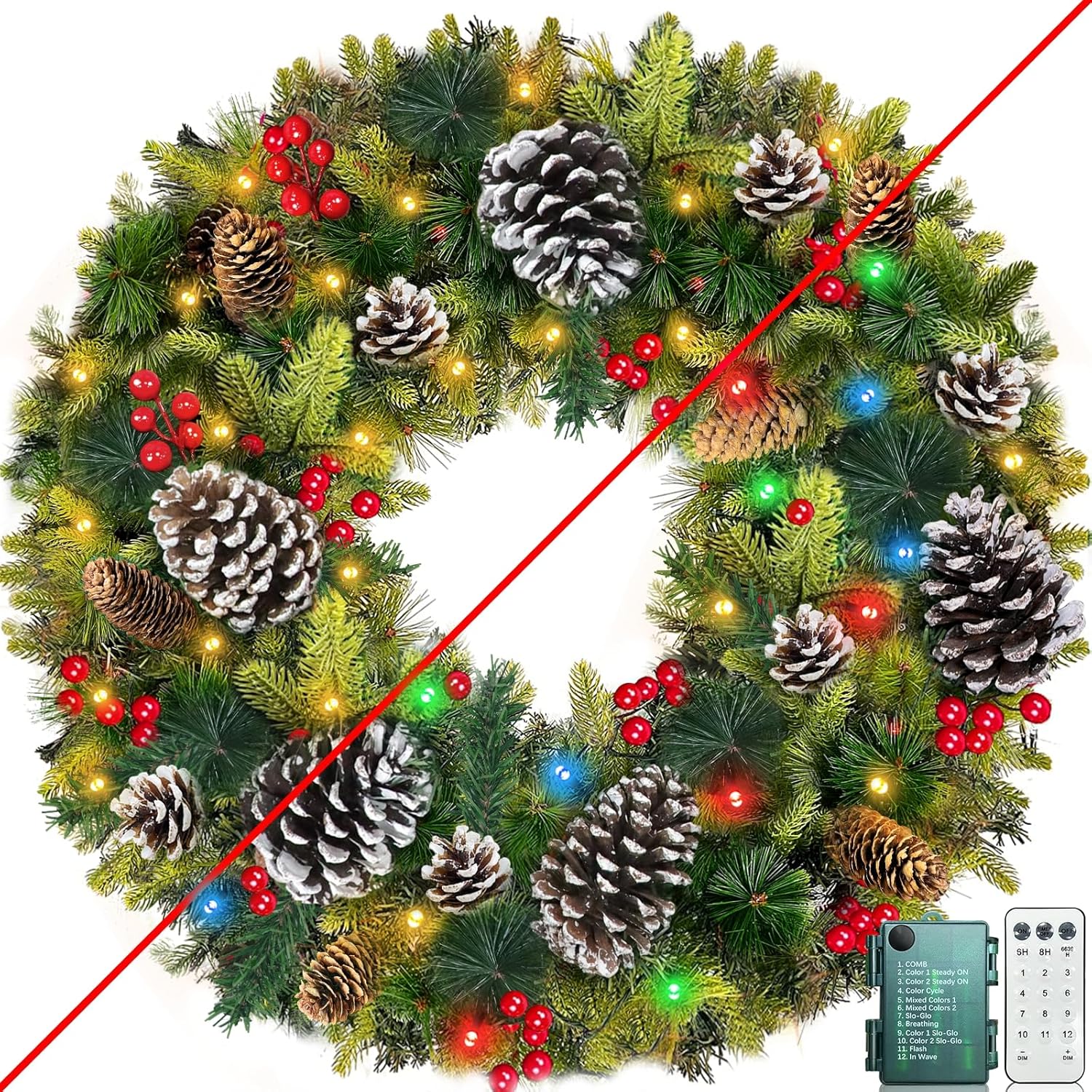 30 Inch Thick Pre-Lit Christmas Wreath with 70 Lights and Remote Control