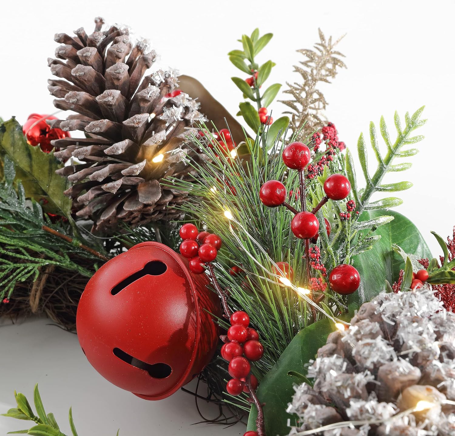 SAFAVIEH 30 Inch Myrtle Wreath with Red Bells and LED Lights