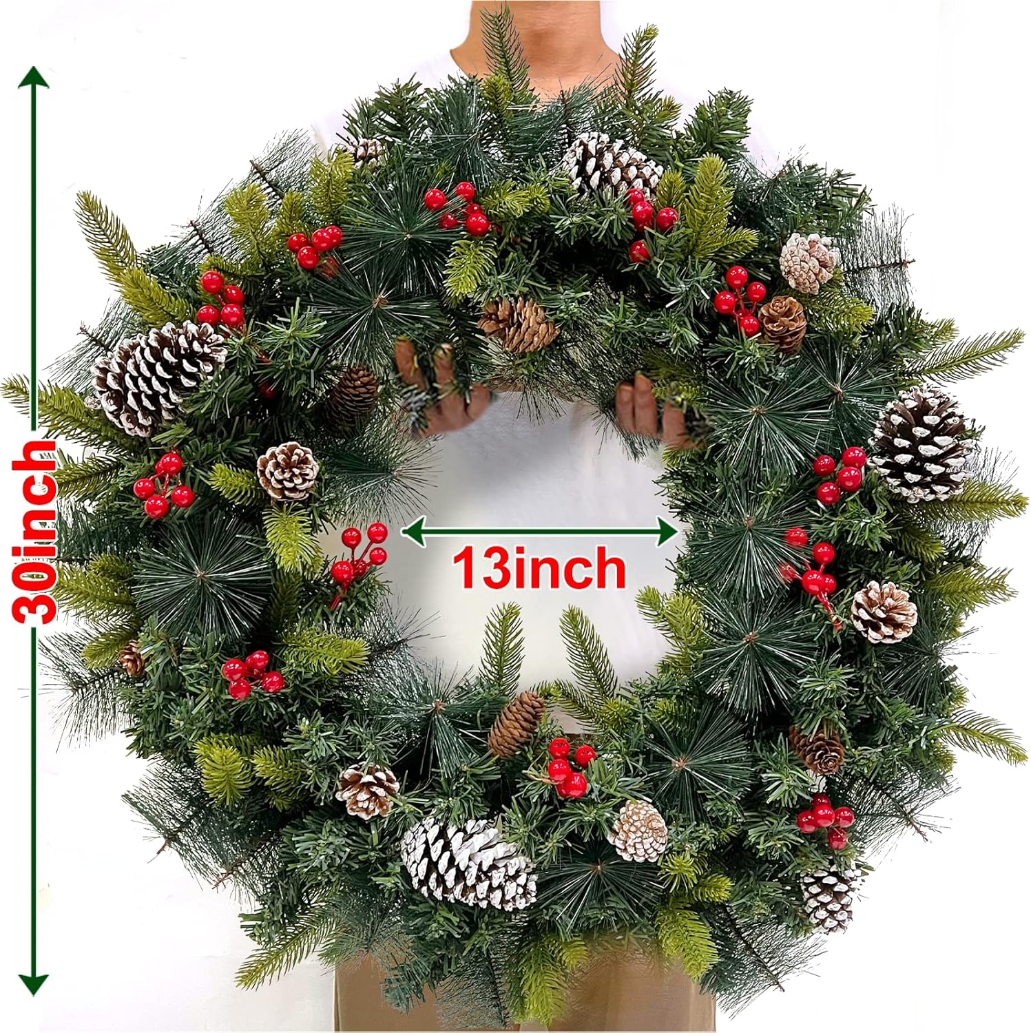 30 Inch Thick Pre-Lit Christmas Wreath with 70 Lights and Remote Control