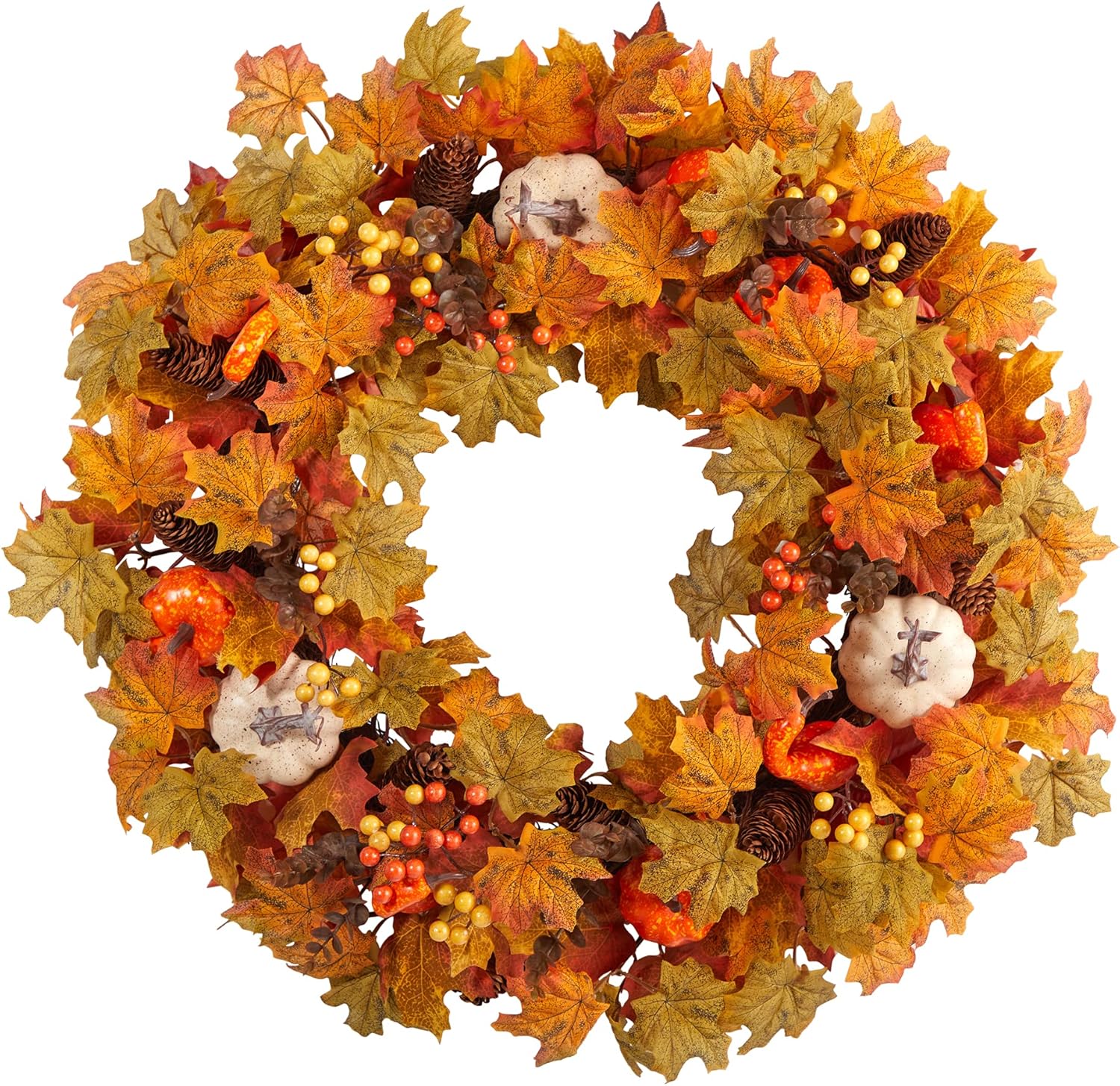 Nearly Natural 30in Autumn Pumpkin Maple Leaf Wreath