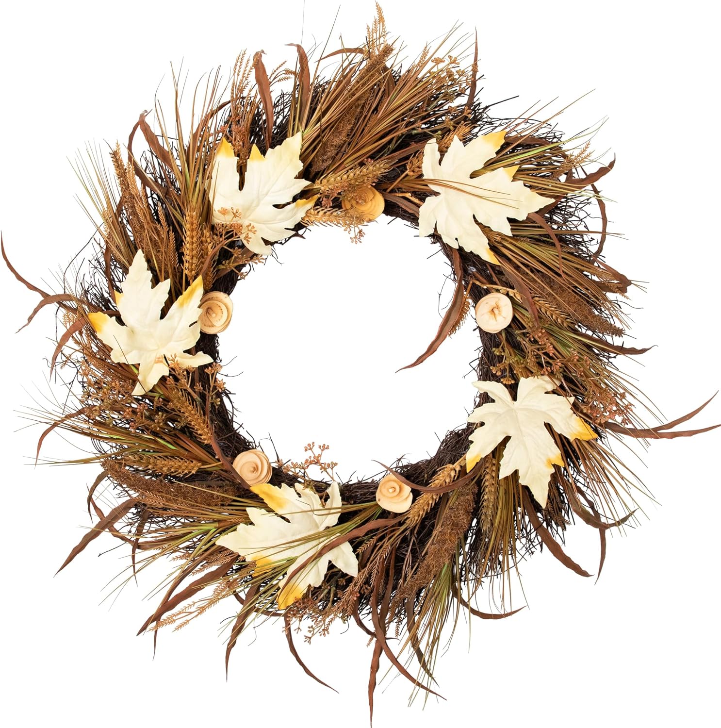 Northlight Autumn Harvest Cattail and Wheat Artificial Wreath Unlit 24 Inch Brown