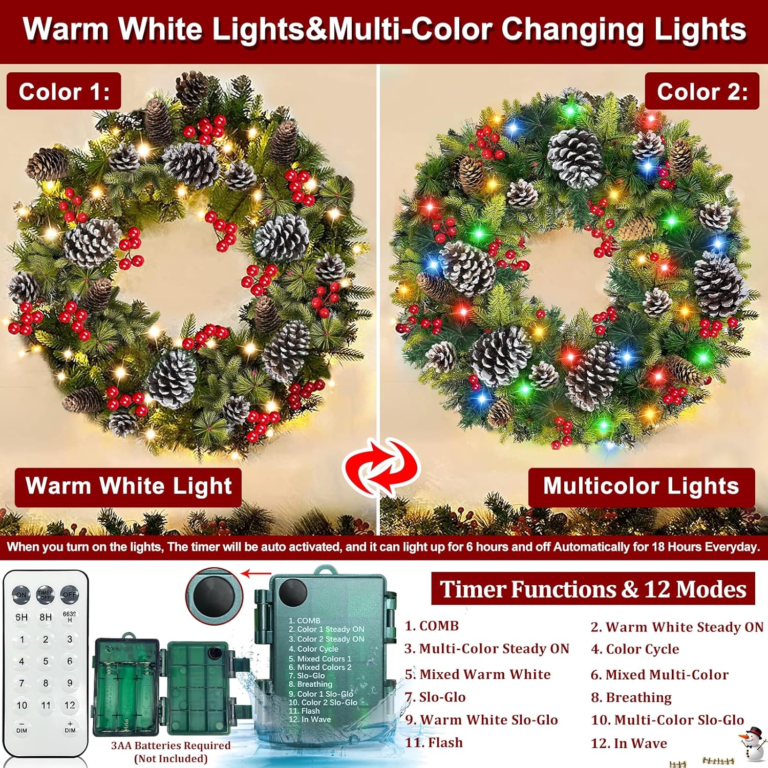 30 Inch Thick Pre-Lit Christmas Wreath with 70 Lights and Remote Control
