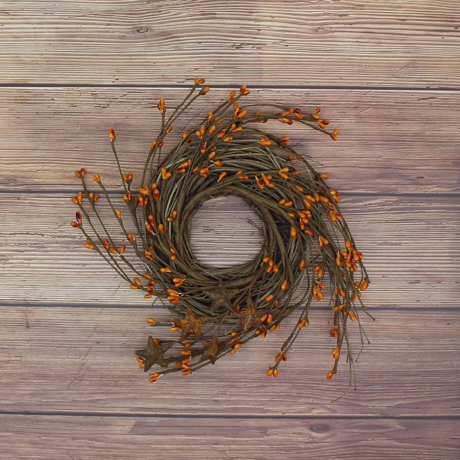 Primitives Rustic Wreath with Gold Barn Stars and Berries
