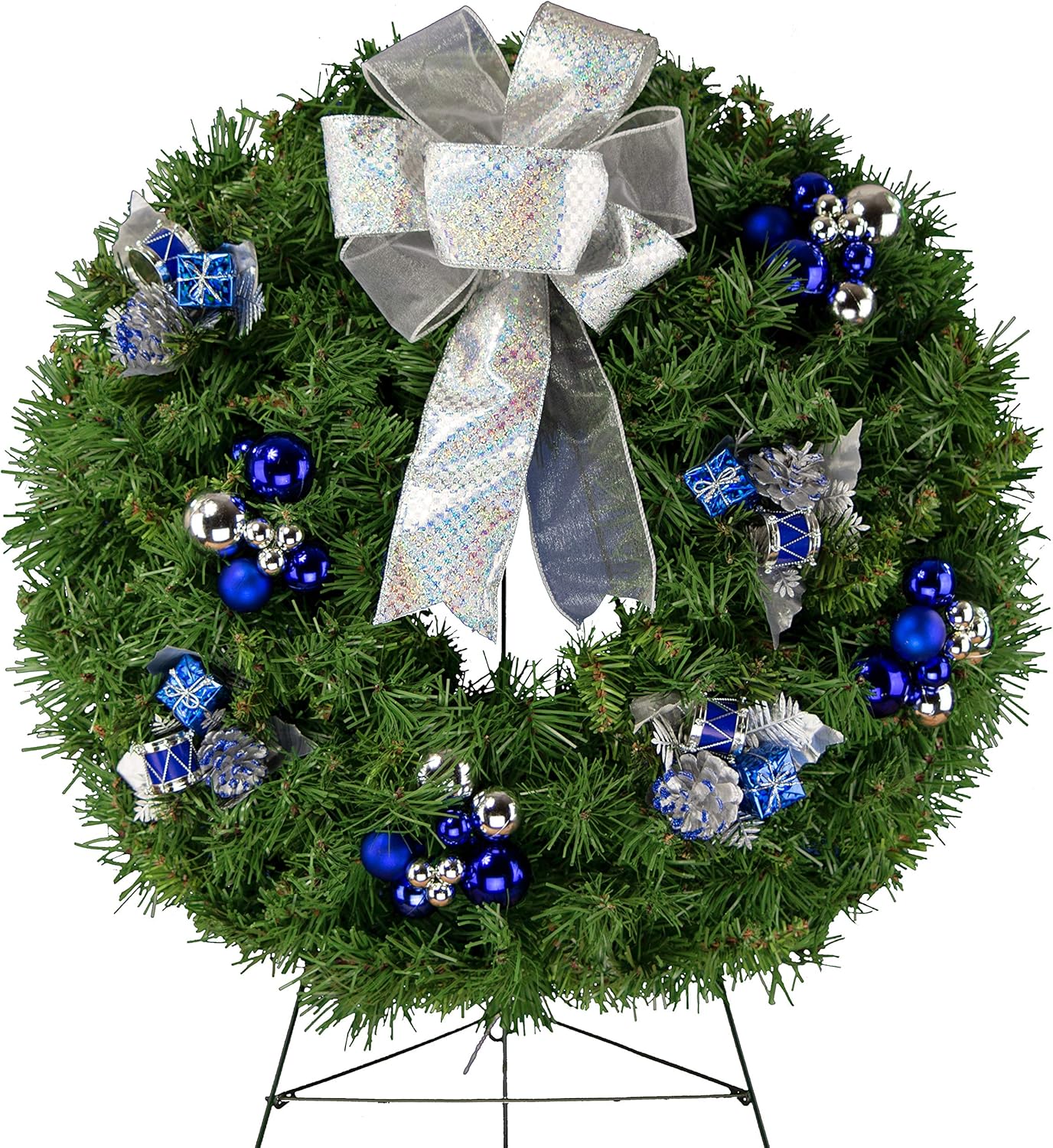 Christmas Wreath with Blue and Silver Ornaments on 30 Inch Easel Stand