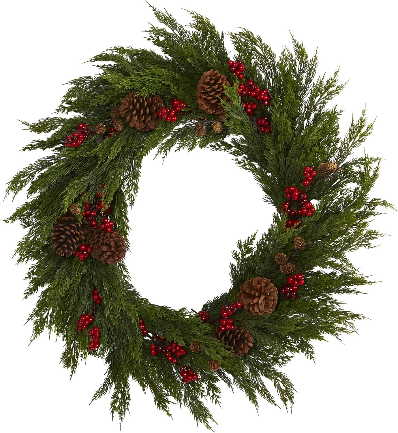 Nearly Natural 32in Cypress Berries Pine Cones Artificial Wreath